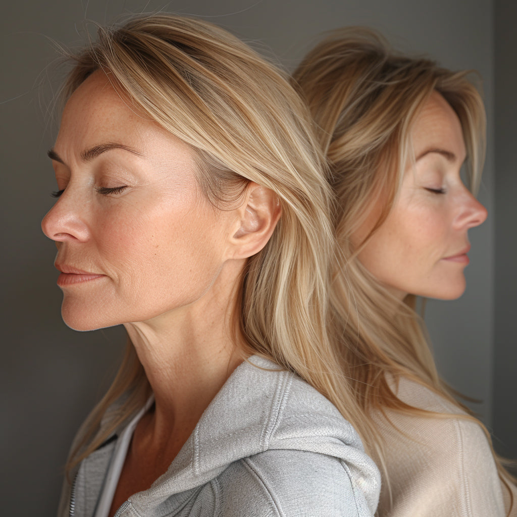Side view headshot of an aging, beautiful women with the finest lines of aging, with her younger self behind her with smoother skin but both are stunningly vibrant and attractive.