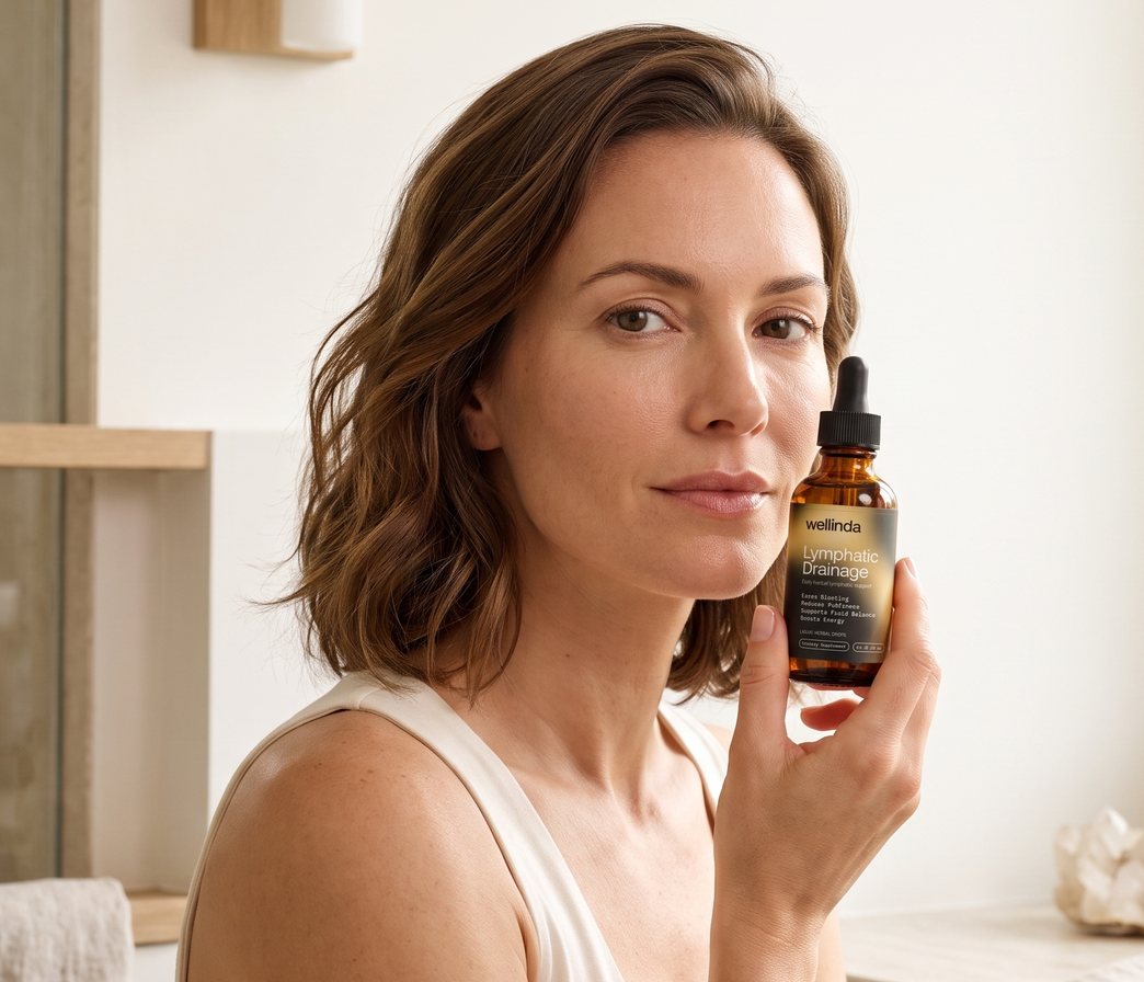 Woman holding a bottle of Wellinda Lymphatic Drainage Drops