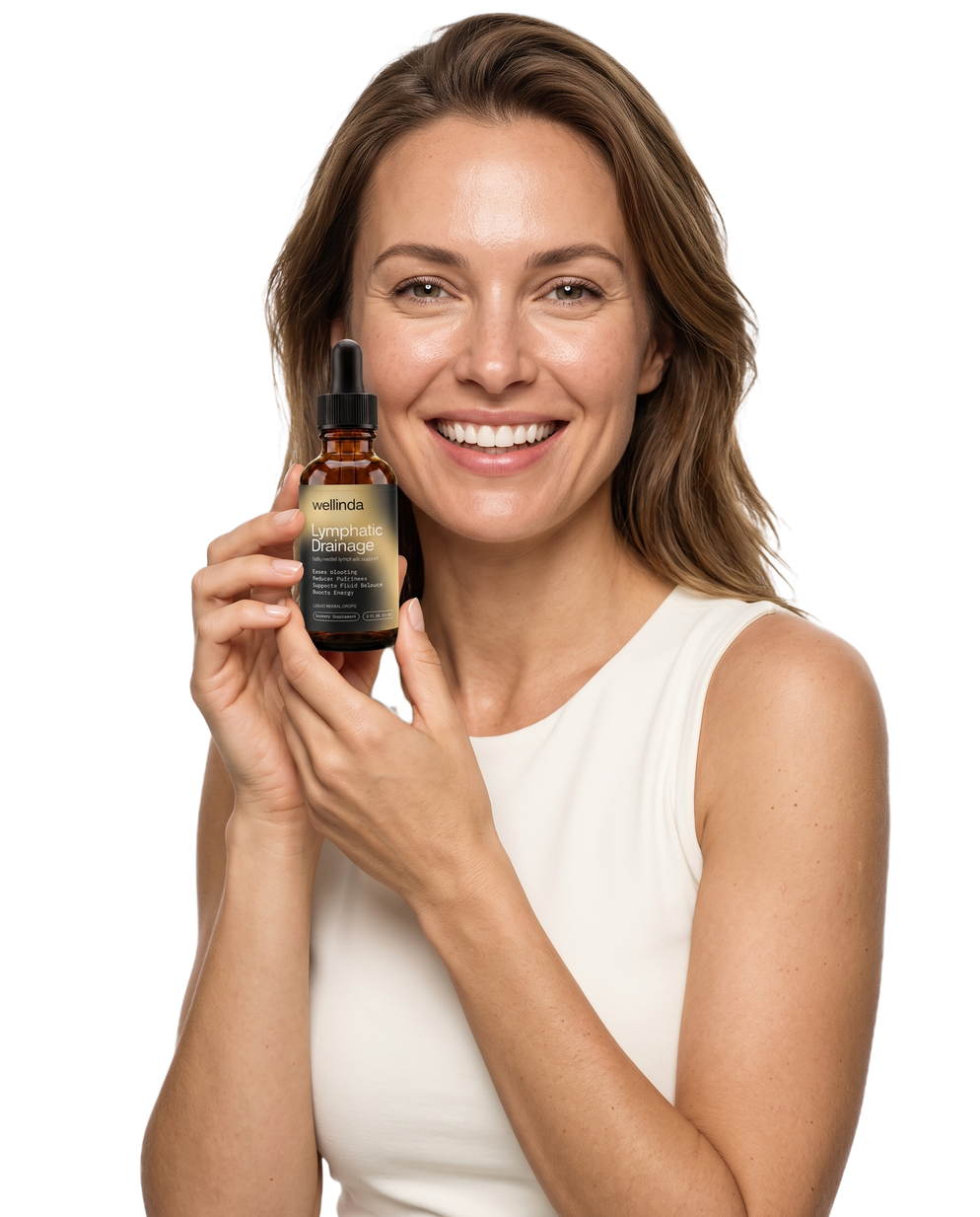 Woman holding a bottle of Wellinda Lymphatic Drainage Drops