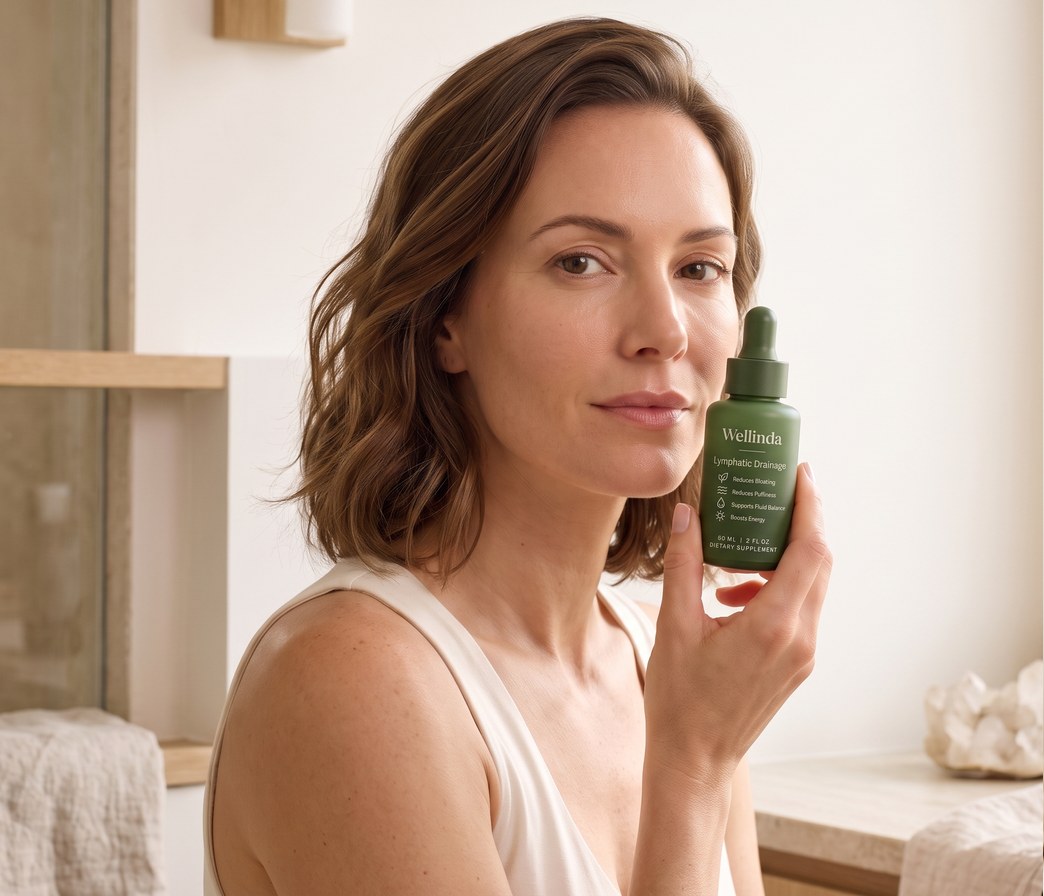 Woman holding a bottle of Wellinda Lymphatic Drainage Drops