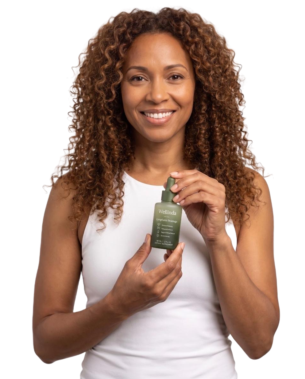Woman holding a bottle of Wellinda Lymphatic Drainage Drops