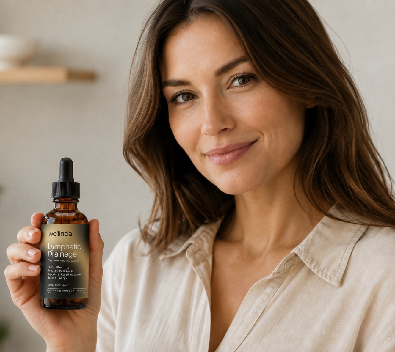 Woman holding the Wellinda Lymphatic Drainage Drops bottle