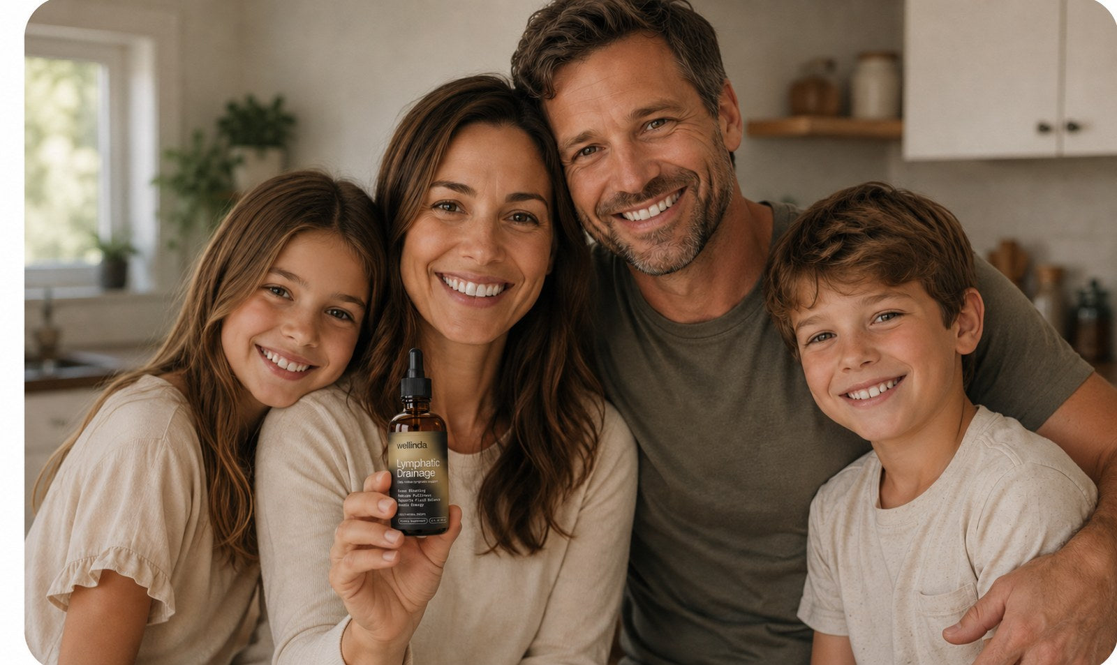 Family in a kitchen holding the Wellinda bottle