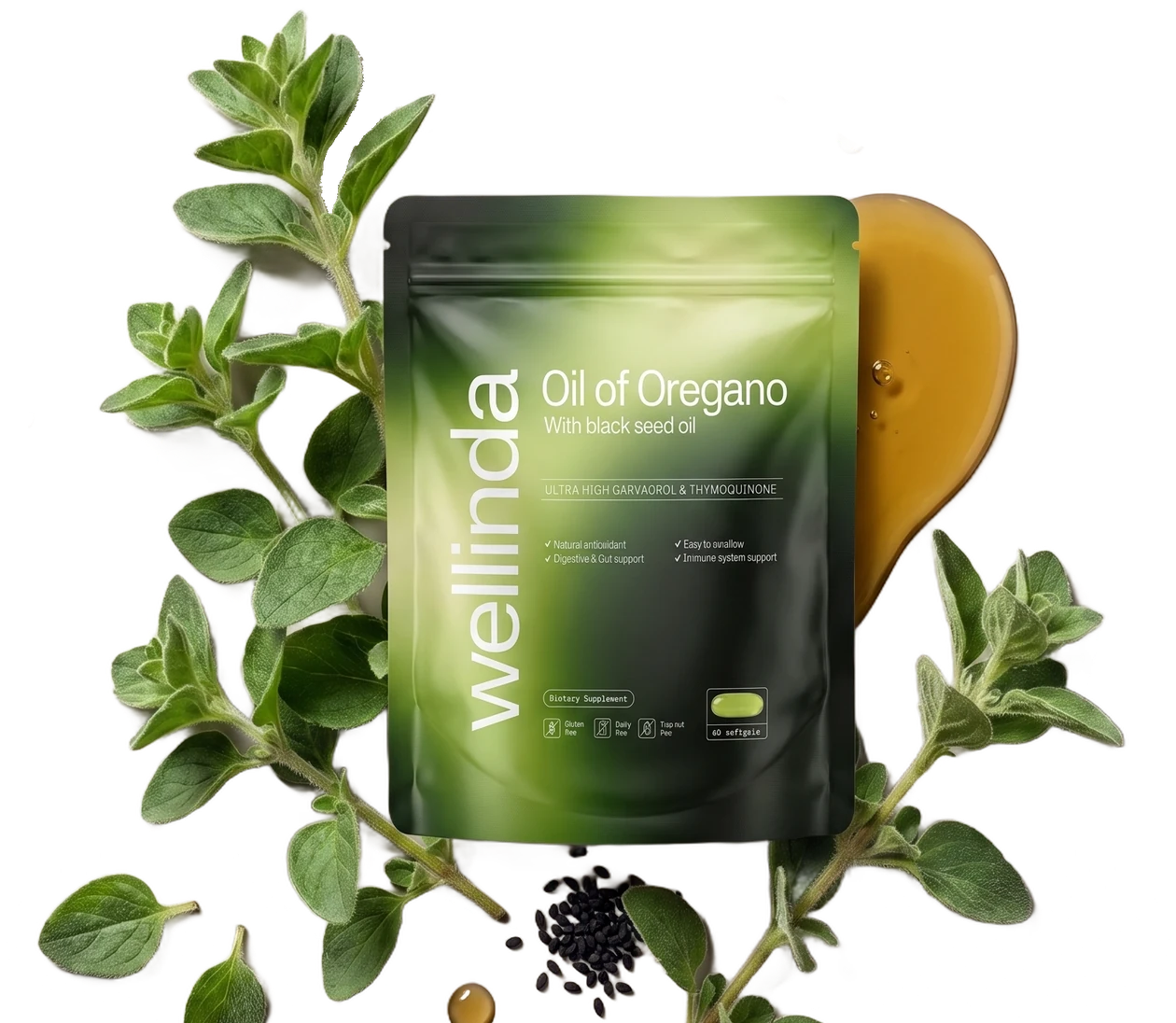 Wellinda Oil of Oregano pouch with fresh oregano and oil