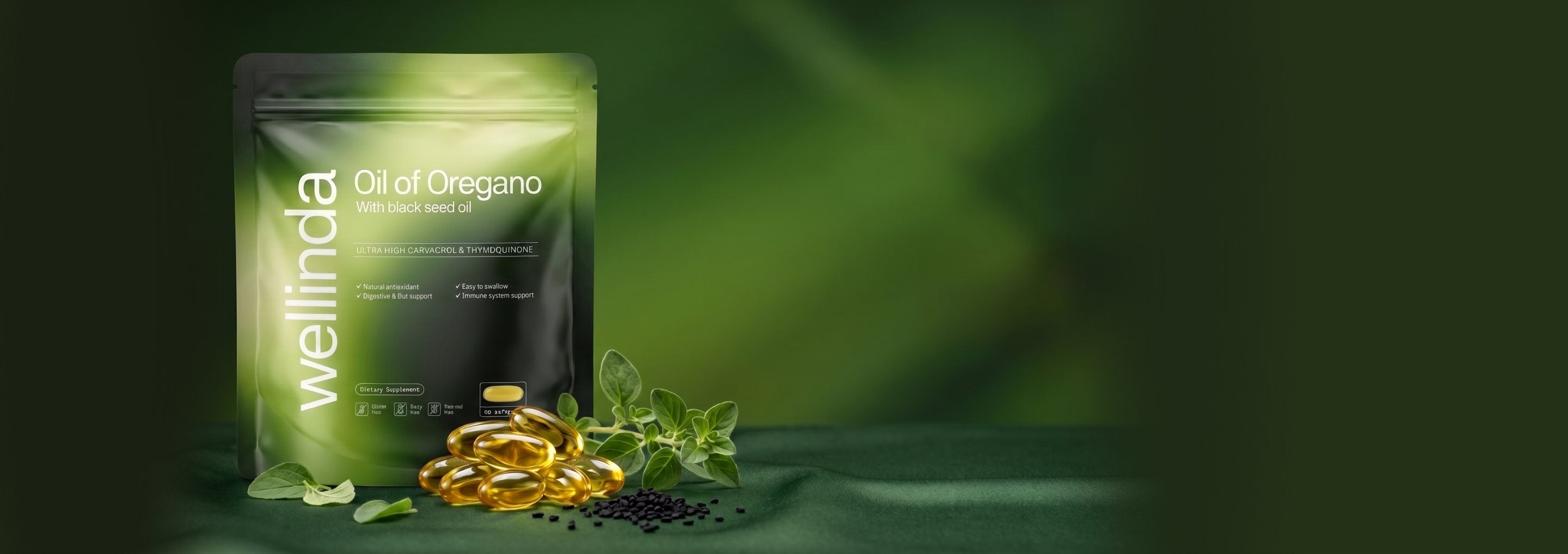 Wellinda Oil of Oregano pouch with softgels, oregano and black seed